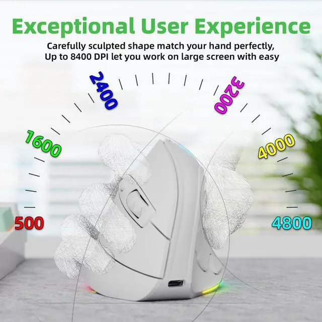 Alt view image 5 of 5 - IFYOO 2.4G and BT 5.1 Dual Mode RGB Rechargeable Wireless Vertical Ergonomic Mouse, 5 Side Buttons, Max 8400 DPI, for PC Computer Notebook Laptop, for Windows 11 10, Mac iPad OS, Android - White