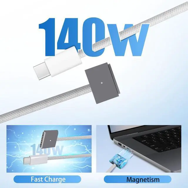 Alt view image 4 of 5 - iPartsleader Braided 140W USB-C to Magnetic 3 Power Cable, Compatible with MacBook Pro M1/M2/M3 Pro/Max 14"/16" 2021/2022/2023 & MacBook Air 13.6"/15.3" M2/M3 2022/2023/2024-6.6ft (Grey)