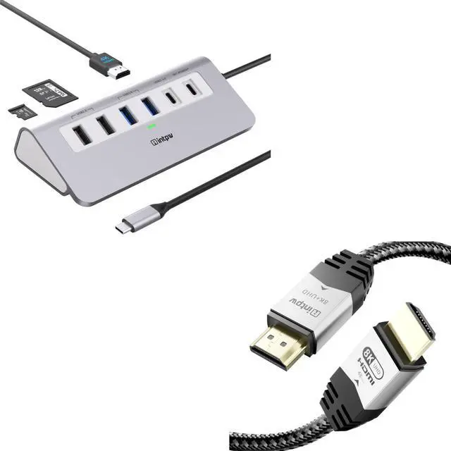 Main image of 9-in-1 USB C Hub with 4K HDMI, PD 100W, USB-C and 2 USB A 3.0 5Gbps, 2 USB A 2.0, SD/TF Slots, 3M HDMI Cable 8K@60Hz Silver