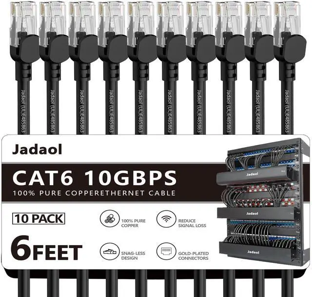 Main image of Jadaol Cat6 6ft 10 Pack Patch Cable, 10Gbps High-Speed Ethernet Patch Cables, Support Cat8/7 Network, 24AWG Pure Copper, RJ45 Gold-Plated Connectors, LAN Network Cable for Patch Panel to Switch, Black