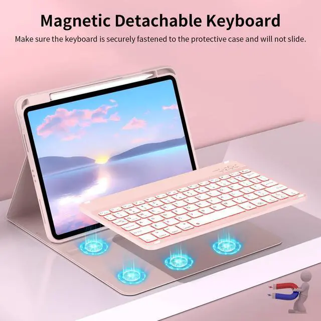 Alt view image 4 of 5 - JKSML Keyboard Case for iPad 11th 10th Generation 11/10.9 inch A16 2025/2022, 7 Colors Backlit, Detachable Wireless Keyboard for iPad 10th Gen, Built-in Pencil Holder, Auto Sleep/Wake, Pink