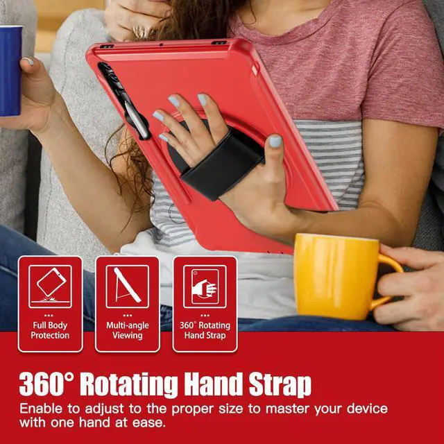 Alt view image 2 of 5 - Junfire Protective Case for Galaxy Tab S10 Plus 12.4 inch 2024, Shockproof Samsung Tab S9FE+/S9+/S8Plus/S7FE/S7Plus Case with 360degRotating Kickstand/Hand Strap/Stylus Holder-Red