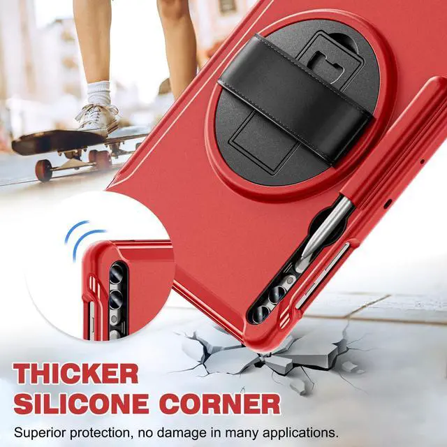 Alt view image 5 of 5 - Junfire Protective Case for Galaxy Tab S10 Plus 12.4 inch 2024, Shockproof Samsung Tab S9FE+/S9+/S8Plus/S7FE/S7Plus Case with 360degRotating Kickstand/Hand Strap/Stylus Holder-Red