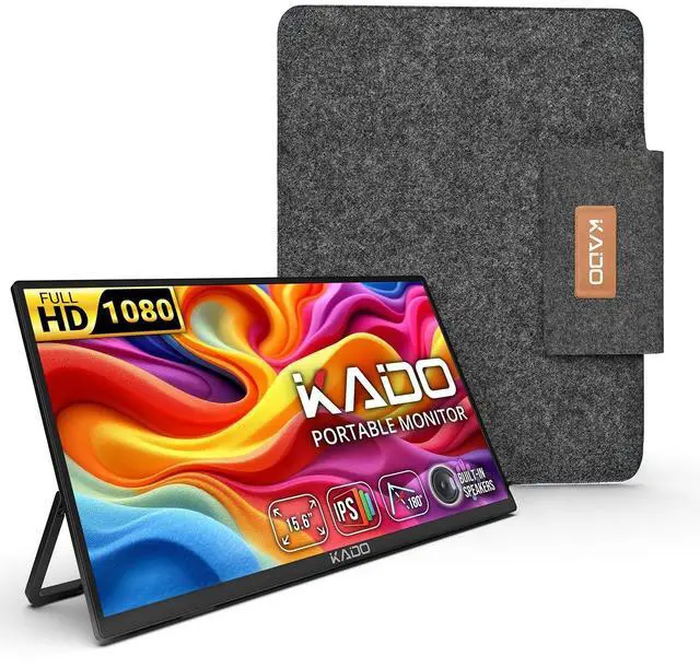 Main image of Kado 15.6'' FHD 1080p Ultra-Slim Laptop Monitor 1920x1080, IPS Second Display 180deg Kickstand Protective Case Sleeve, Screen Extender for PC, Mac, Phone, Xbox, PS5, USB-C & HDMI Connectivity