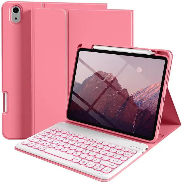Main image of kenke for iPad 11/10th Gen Case with Keyboard 11/10.9 inch 2025 A16/2022, Detachable Wireless Bluetooth Keyboard Case with Right Side Pencil Holder, Backlit White Circular Keycaps (Pink