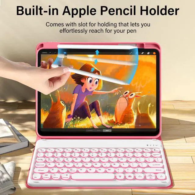 Alt view image 3 of 5 - kenke for iPad 11/10th Gen Case with Keyboard 11/10.9 inch 2025 A16/2022, Detachable Wireless Bluetooth Keyboard Case with Right Side Pencil Holder, Backlit White Circular Keycaps (Pink
