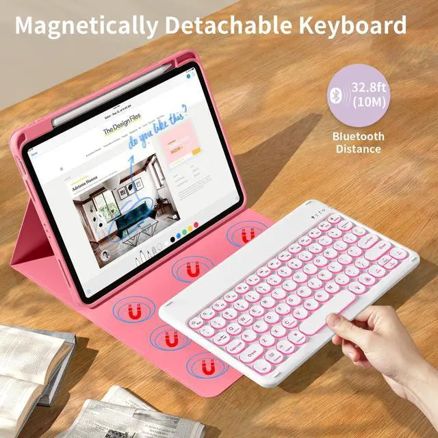 Alt view image 2 of 5 - kenke for iPad 11/10th Gen Case with Keyboard 11/10.9 inch 2025 A16/2022, Detachable Wireless Bluetooth Keyboard Case with Right Side Pencil Holder, Backlit White Circular Keycaps (Pink