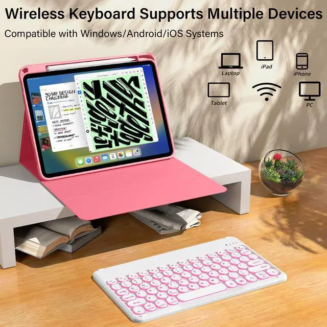 Alt view image 5 of 5 - kenke for iPad 11/10th Gen Case with Keyboard 11/10.9 inch 2025 A16/2022, Detachable Wireless Bluetooth Keyboard Case with Right Side Pencil Holder, Backlit White Circular Keycaps (Pink