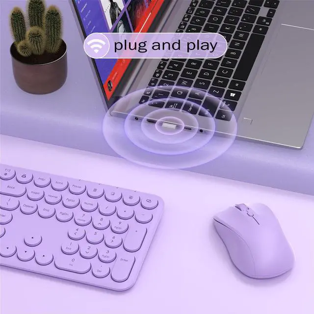 Alt view image 3 of 5 - KEQTFT Wireless Keyboard and Mouse Combo, 110 Round Quiet Keys, Adjustable Optical Mouse, Share 1xUSB Receiver, Power Switch, for Windows Mac(Purple)