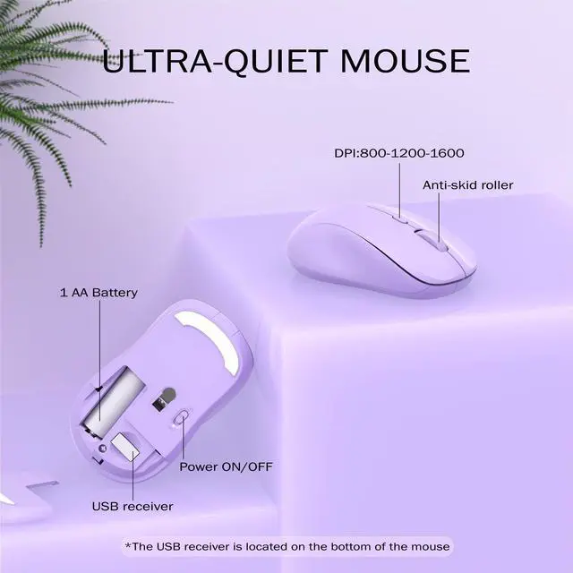 Alt view image 5 of 5 - KEQTFT Wireless Keyboard and Mouse Combo, 110 Round Quiet Keys, Adjustable Optical Mouse, Share 1xUSB Receiver, Power Switch, for Windows Mac(Purple)
