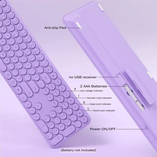 Alt view image 4 of 5 - KEQTFT Wireless Keyboard and Mouse Combo, 110 Round Quiet Keys, Adjustable Optical Mouse, Share 1xUSB Receiver, Power Switch, for Windows Mac(Purple)