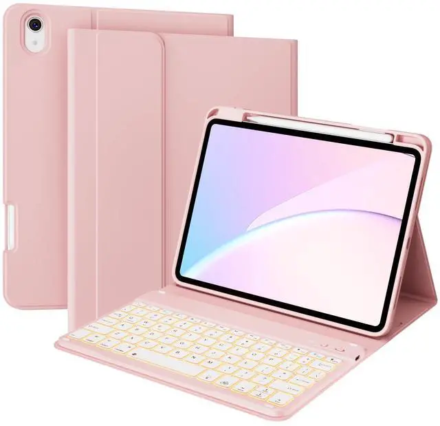 Main image of kenke Case with Keyboard for iPad Air 11 inch 7th (M3/M2) 2025/2024 & Air 5th/4th Generation 10.9 Inch with Right Pencil Holder, 7-Color Backlit Wireless Detachable Folio Keyboard Cover, Pink