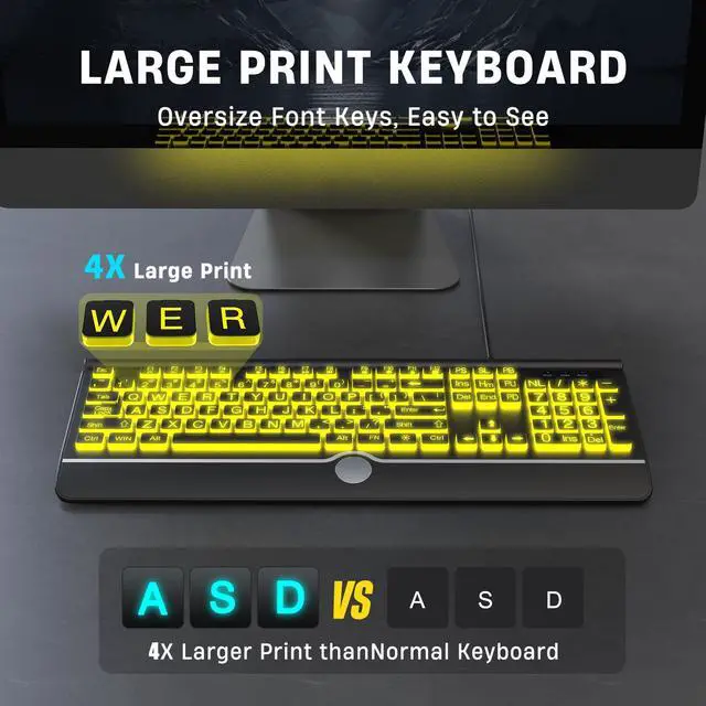 Alt view image 4 of 5 - KOPJIPPOM Large Print Backlit Computer Keyboard, USB Full Size Wired Keyboards with 7-Colors Backlight, Wrist Rest, Light Up Keyboard for Windows, PC, Laptop - Easy to See, Easy to Setup