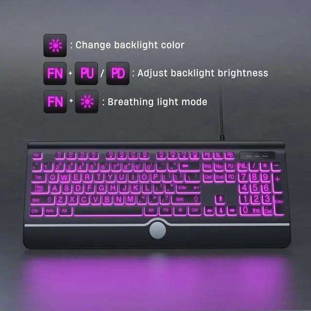 Alt view image 5 of 5 - KOPJIPPOM Large Print Backlit Computer Keyboard, USB Full Size Wired Keyboards with 7-Colors Backlight, Wrist Rest, Light Up Keyboard for Windows, PC, Laptop - Easy to See, Easy to Setup