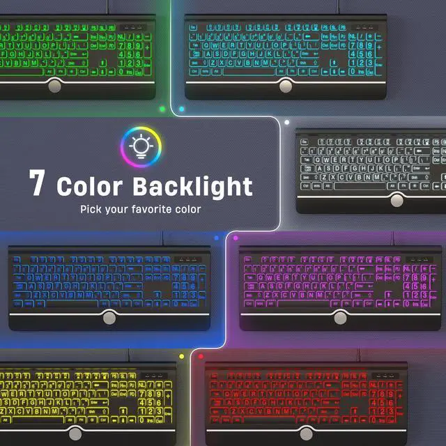 Alt view image 3 of 5 - KOPJIPPOM Large Print Backlit Computer Keyboard, USB Full Size Wired Keyboards with 7-Colors Backlight, Wrist Rest, Light Up Keyboard for Windows, PC, Laptop - Easy to See, Easy to Setup