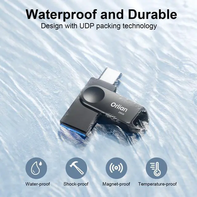 Alt view image 2 of 5 - Orlian 256GB USB-C & USB-A Dual Flash Drive, Waterproof, Metal, Slim Thumb Drive, OTG for PC, Smartphone, Tablet