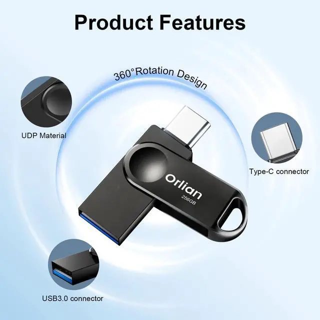 Alt view image 5 of 5 - Orlian 256GB USB-C & USB-A Dual Flash Drive, Waterproof, Metal, Slim Thumb Drive, OTG for PC, Smartphone, Tablet