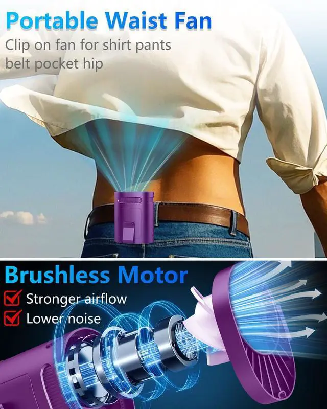 Alt view image 3 of 5 - KJXIC Clip On Fan for Shirt Belt Pants-Mini Lightweight Portable Waist Fan Rechargeable Battery Powered,Hands Free Belt Loop Tshirt Hip Poctet Hard Hat Body Cooler Travel Camping Sports Deep Purple