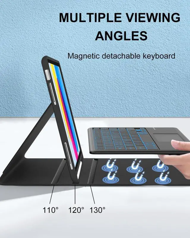 Alt view image 3 of 5 - KVAGO Keyboard Case for iPad (A16) 11th Generation 2025, / 10th Generation 2022, Multi-Touch Trackpad, 7 Color Backlit, Wireless Detachable Keyboard, Stand Folio Folio Cover with Pencil Holder, Black