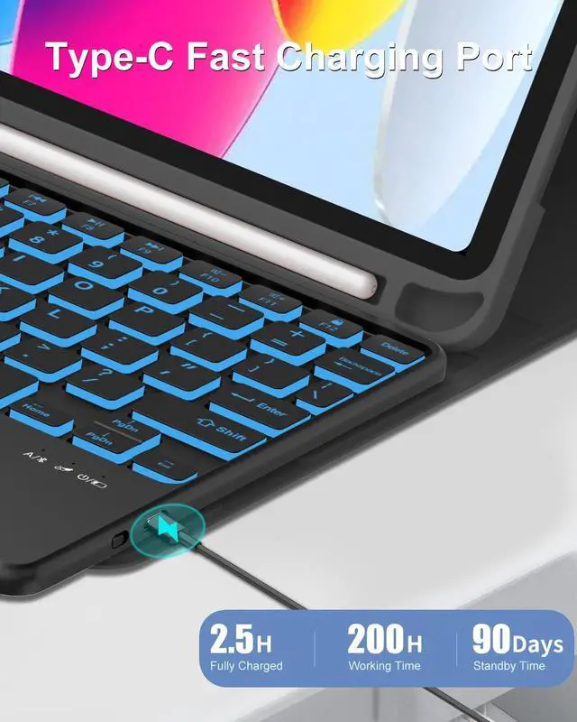 Alt view image 4 of 5 - KVAGO Keyboard Case for iPad (A16) 11th Generation 2025, / 10th Generation 2022, Multi-Touch Trackpad, 7 Color Backlit, Wireless Detachable Keyboard, Stand Folio Folio Cover with Pencil Holder, Black
