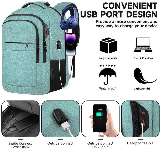 Alt view image 2 of 5 - Lapsouno Business Laptop Backpack, Travel Laptop Backpack, Backpack, Anti Theft Sturdy 15.6 Inch TSA Friendly with USB Port, Water Resistant College School Computer Bag Gifts for Men Women, Lake Green