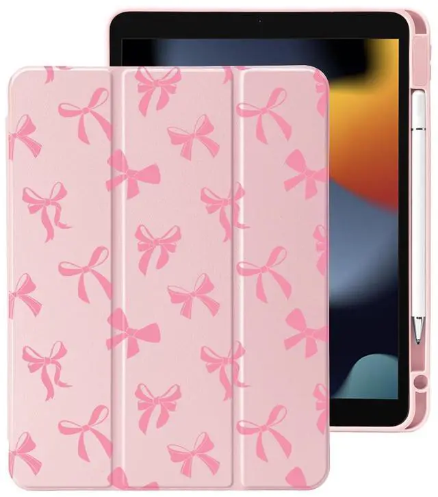 Main image of Cute Kawaii Pink Bow for iPad Mini 6 Case with Pencil Holder, Auto Sleep/Wake, Pink Leather Clear Acrylic Back Cover