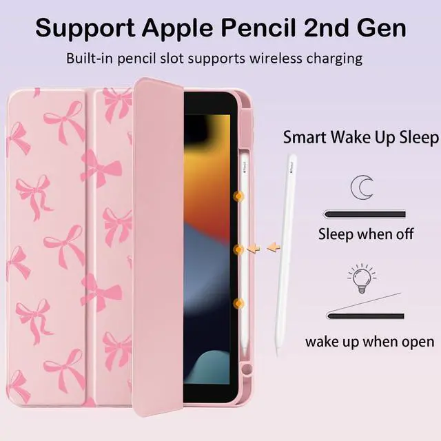 Alt view image 3 of 5 - Cute Kawaii Pink Bow for iPad Mini 6 Case with Pencil Holder, Auto Sleep/Wake, Pink Leather Clear Acrylic Back Cover
