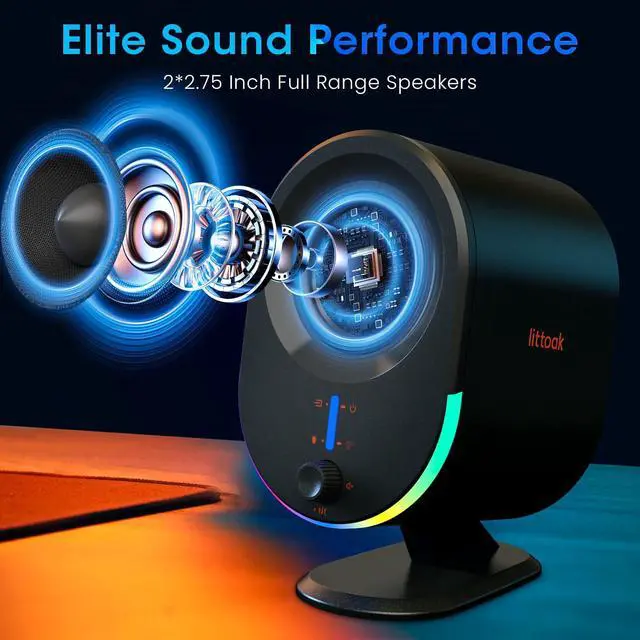 Alt view image 2 of 5 - Littoak Computer Speakers, 2*15W Bluetooth Gaming Speaker, 2.0 CH PC Stereo with 6 LED Modes, AC Powered Speaker with 3 Equalizer Modes, Aux in/out, USB port Speakers for Laptop/Desktop/Tablets/Phone