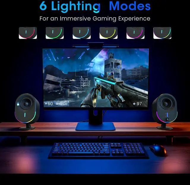 Alt view image 5 of 5 - Littoak Computer Speakers, 2*15W Bluetooth Gaming Speaker, 2.0 CH PC Stereo with 6 LED Modes, AC Powered Speaker with 3 Equalizer Modes, Aux in/out, USB port Speakers for Laptop/Desktop/Tablets/Phone