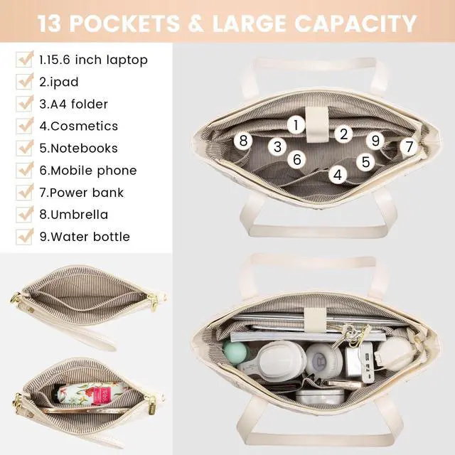 Alt view image 2 of 5 - LOVEVOOK Laptop Bag for Women 17 inch,Diamond Quilted Work Tote Bags Womens Laptop Tote Bag Computer Shoulder Bags,Stylish Travel Tote Bags Laptop Purse Briefcase Handbag with Clutch Purse,Off-white