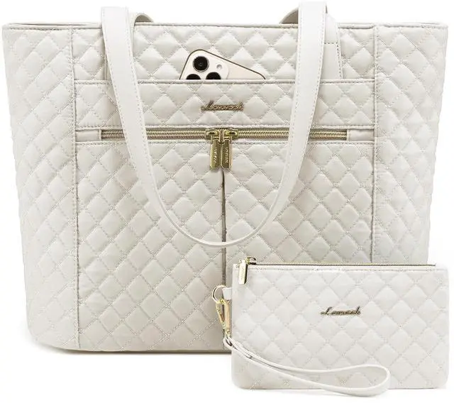 Main image of LOVEVOOK Laptop Bag for Women 17 inch,Diamond Quilted Work Tote Bags Womens Laptop Tote Bag Computer Shoulder Bags,Stylish Travel Tote Bags Laptop Purse Briefcase Handbag with Clutch Purse,Off-white