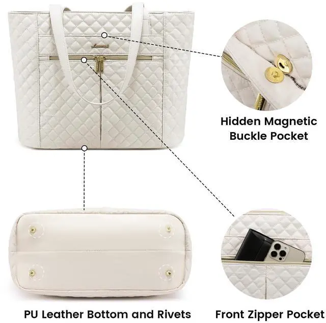 Alt view image 4 of 5 - LOVEVOOK Laptop Bag for Women 17 inch,Diamond Quilted Work Tote Bags Womens Laptop Tote Bag Computer Shoulder Bags,Stylish Travel Tote Bags Laptop Purse Briefcase Handbag with Clutch Purse,Off-white