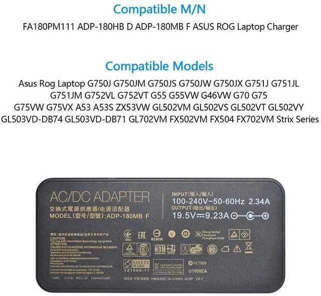 Alt view image 4 of 5 - 180W 19.5V 9.23A Laptop Charger ADP-180MB F Fit for Asus ROG G750JM G751JM G750JS G75VW G75VX GL502VT G750JW G750JM G750JX G751JL FX502VM FX702VM G-Series Gaming Laptop AC Adapter with Power Cord