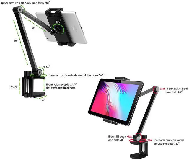 Alt view image 3 of 5 - Aluminum Long Arm Tablet Stand Mount Compatible with iPhone/iPad/iPad Mini/iPad Pro 12.9" Any Phone/Tablets 4-13 inch,360deg Swivel with Bracket Cradle for Home, Office,Kitchen and Bed-Black