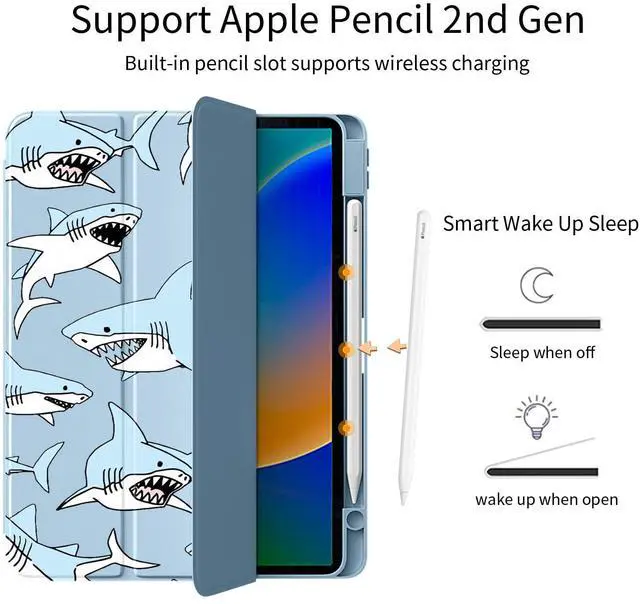 Alt view image 3 of 5 - Cute Cool Shark for iPad Mini 6 Case with Pencil Holder, Foldable Blue Leather Cover Case, Support Auto Sleep Wake