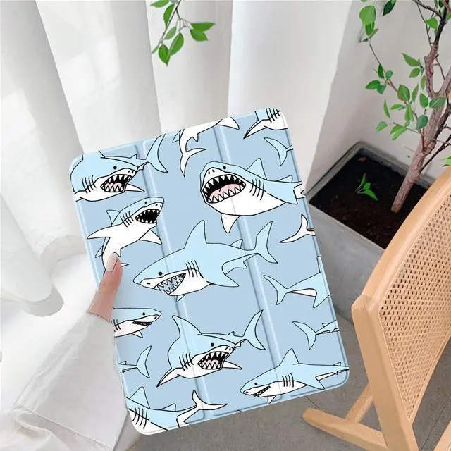 Alt view image 2 of 5 - Cute Cool Shark for iPad Mini 6 Case with Pencil Holder, Foldable Blue Leather Cover Case, Support Auto Sleep Wake