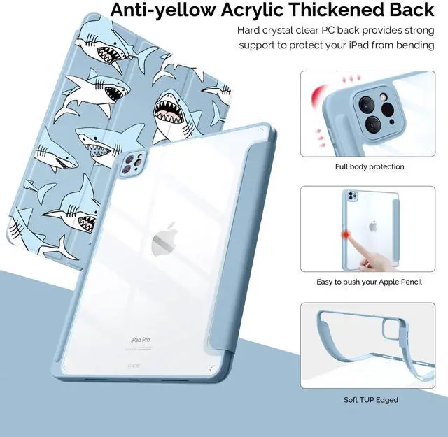 Alt view image 4 of 5 - Cute Cool Shark for iPad Mini 6 Case with Pencil Holder, Foldable Blue Leather Cover Case, Support Auto Sleep Wake