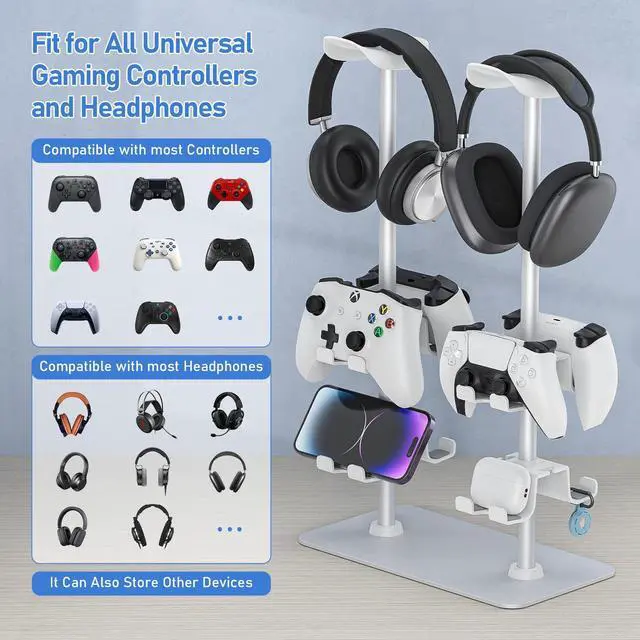 Alt view image 2 of 5 - MANMUVIMO Headset Controller Stand for 2 Headset and 8 Controller, Headphone Stand Gaming Controller Holder for PS5 Switch Xbox Airpods Beats Bose, Gaming Room Accessories, Gamer Gifts for Men (White)
