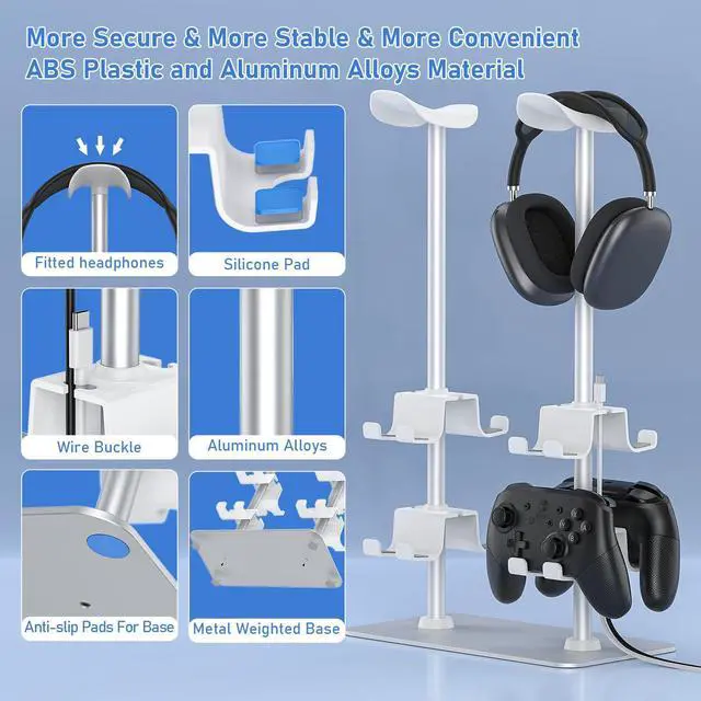Alt view image 3 of 5 - MANMUVIMO Headset Controller Stand for 2 Headset and 8 Controller, Headphone Stand Gaming Controller Holder for PS5 Switch Xbox Airpods Beats Bose, Gaming Room Accessories, Gamer Gifts for Men (White)