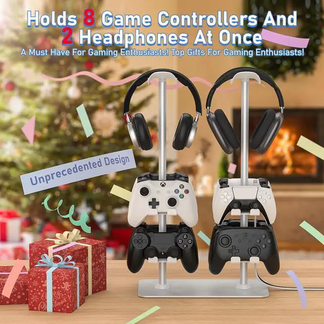 Alt view image 4 of 5 - MANMUVIMO Headset Controller Stand for 2 Headset and 8 Controller, Headphone Stand Gaming Controller Holder for PS5 Switch Xbox Airpods Beats Bose, Gaming Room Accessories, Gamer Gifts for Men (White)