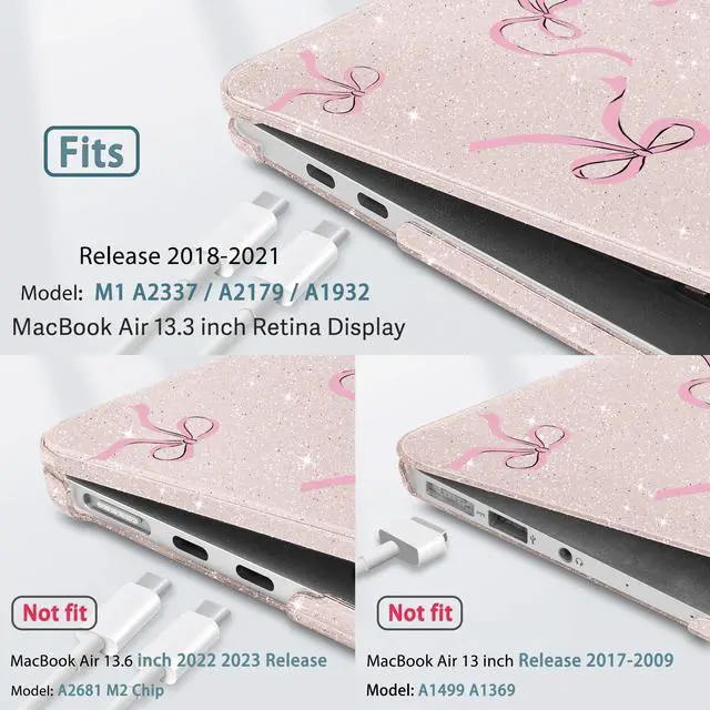 Alt view image 2 of 5 - May Chen Compatible with MacBook Air 13 inch Case 2021, 2020 2019 2018 Release Model: M1 A2337 A2179 A1932, Plastic Hard Shell Case Cover with Keyboard Cover, Sakura Pink Glitter Bow