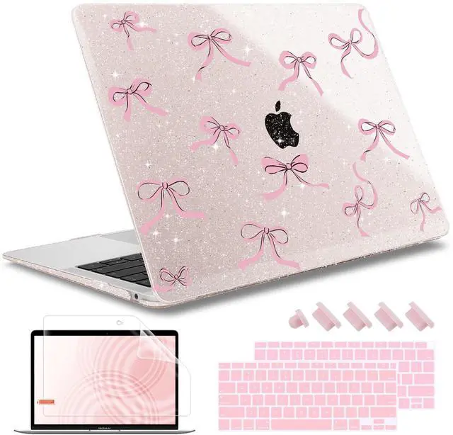 Main image of May Chen Compatible with MacBook Air 13 inch Case 2021, 2020 2019 2018 Release Model: M1 A2337 A2179 A1932, Plastic Hard Shell Case Cover with Keyboard Cover, Sakura Pink Glitter Bow