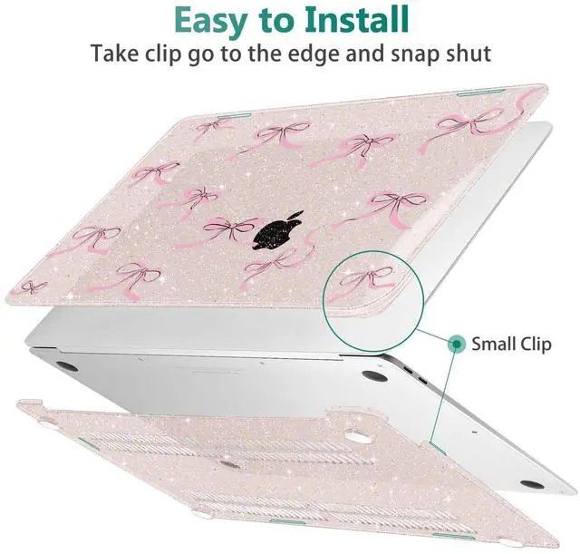 Alt view image 4 of 5 - May Chen Compatible with MacBook Air 13 inch Case 2021, 2020 2019 2018 Release Model: M1 A2337 A2179 A1932, Plastic Hard Shell Case Cover with Keyboard Cover, Sakura Pink Glitter Bow