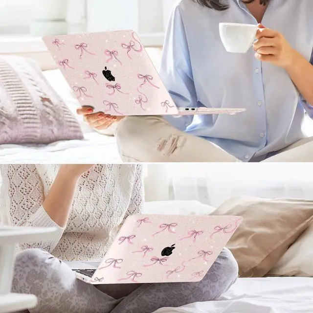 Alt view image 5 of 5 - May Chen Compatible with MacBook Air 13 inch Case 2021, 2020 2019 2018 Release Model: M1 A2337 A2179 A1932, Plastic Hard Shell Case Cover with Keyboard Cover, Sakura Pink Glitter Bow