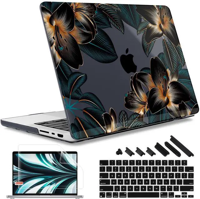 Main image of May Chen Case for M4 MacBook Pro 14 inch Case A3112 A3401 Max A3185, M3 A2918 A2992, M2 A2779 M1 A2442, 2024 2023 2022 2021 Release, Plastic Hard Shell Case with Keyboard Cover, Golden Lilies Flowers