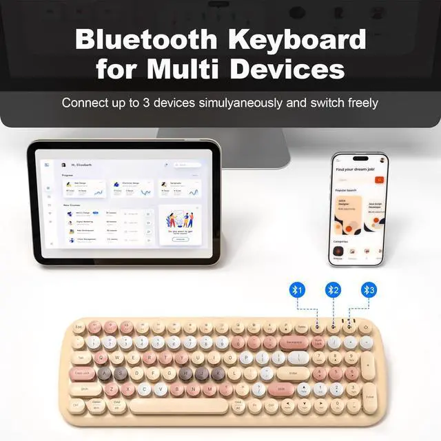 Alt view image 2 of 5 - Wireless Bluetooth Keyboard, 100-Key Mini Bluetooth Typewriter Keyboard for Mac iPad iPhone PC Laptop & Android, 3 Devices Simultaneously, Colorful Retro Round Keycaps Keyboard (Milk Tea)