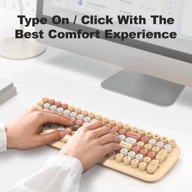Alt view image 3 of 5 - Wireless Bluetooth Keyboard, 100-Key Mini Bluetooth Typewriter Keyboard for Mac iPad iPhone PC Laptop & Android, 3 Devices Simultaneously, Colorful Retro Round Keycaps Keyboard (Milk Tea)