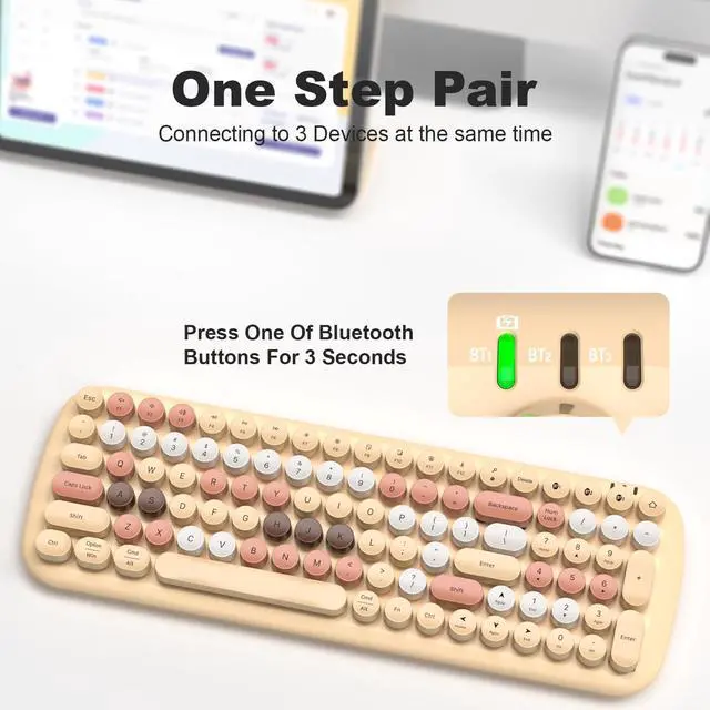 Alt view image 4 of 5 - Wireless Bluetooth Keyboard, 100-Key Mini Bluetooth Typewriter Keyboard for Mac iPad iPhone PC Laptop & Android, 3 Devices Simultaneously, Colorful Retro Round Keycaps Keyboard (Milk Tea)