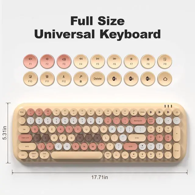 Alt view image 5 of 5 - Wireless Bluetooth Keyboard, 100-Key Mini Bluetooth Typewriter Keyboard for Mac iPad iPhone PC Laptop & Android, 3 Devices Simultaneously, Colorful Retro Round Keycaps Keyboard (Milk Tea)
