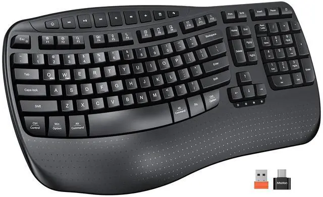 Main image of MEETION Wireless Ergonomic Keyboard, Wave Keys Wrist Rest Natural Typing Keyboard, 2.4G Cordless USB A and USB C Adapter, Wireless Computer Keyboard Compatible with Windows/Mac/PC/Laptop, Black